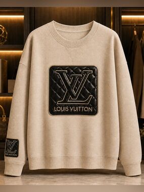 Plus Size Beige Crewneck Sweater with Black Quilted Logo Patch